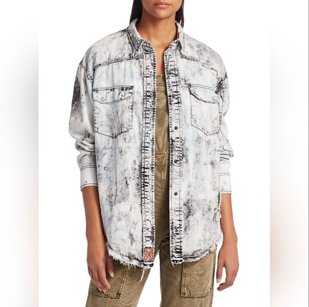 Free People We The Free Lovestruck Acid Wash Denim Button Shirt Black Boho Size‎